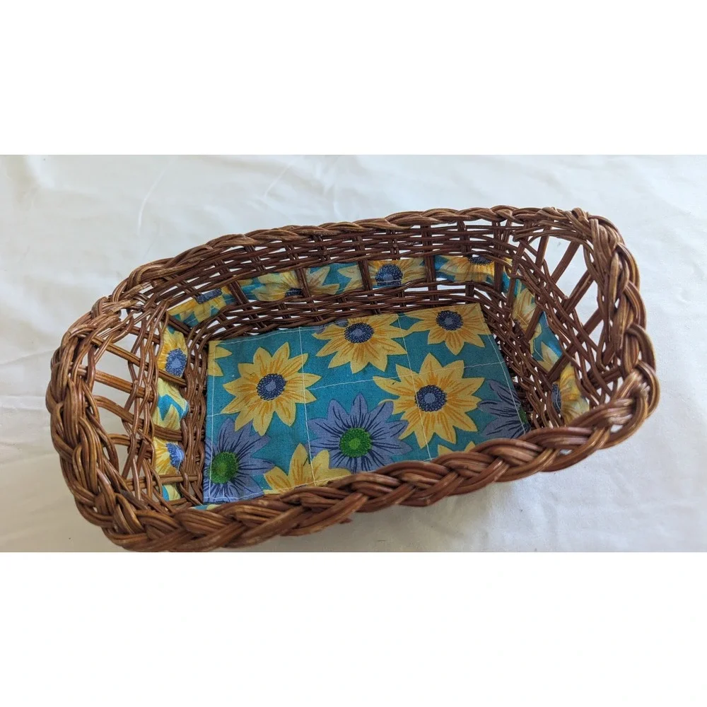 Brown Wicker Basket with Sunflower Fabric Liner Rectangular Storage with Handles